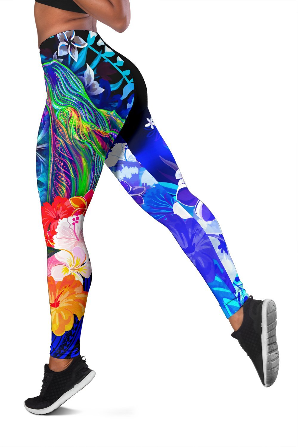 American Samoa Polynesian Women’s Leggings – Humpback Whale with Tropical Flowers (Blue)- BN18