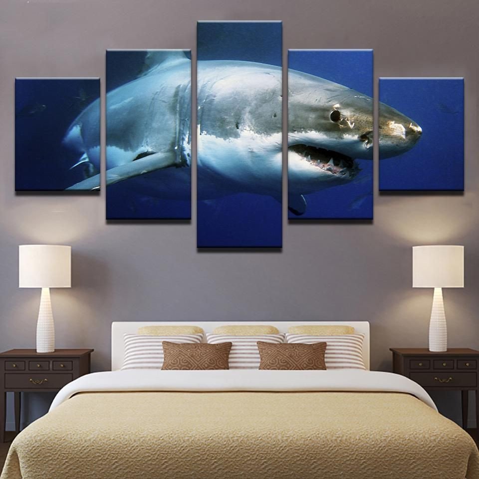 Blue Ocean White Shark Animal Animal 5 Panel Canvas Art Wall Decor