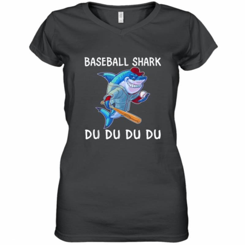 Blue Shark Playing Baseball Apparel Baseball Du Du Du shirt Women's V-Neck T-Shirt