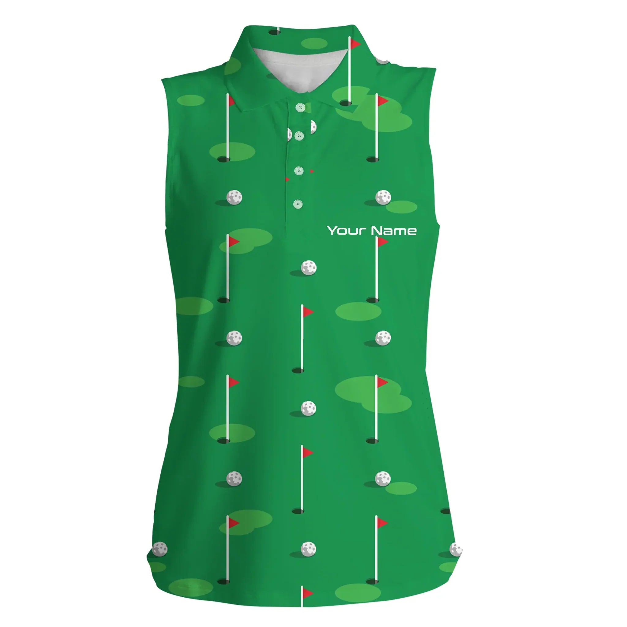 Womens Sleeveless Polo Shirt Custom Golf Flag And Balls Green Golf Course Pattern Golf Shirt For Women