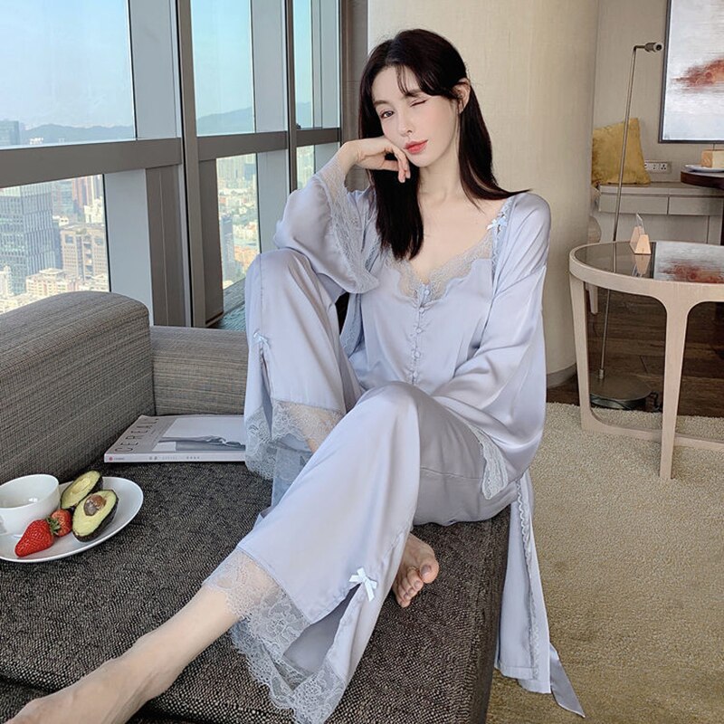 Summer Clothes For Women’S 3 Piece Set Silk Pajamas For Women Lace Suspenders Sexy Plus Size Women Pajamas Satin Home Dress alx