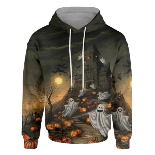 Haunted House For Ghost All Over Print Hoodie For Men & Women, Spooky Halloween Night Castle Pumpkin & Ghost Hoodie Gift For Halloween Day