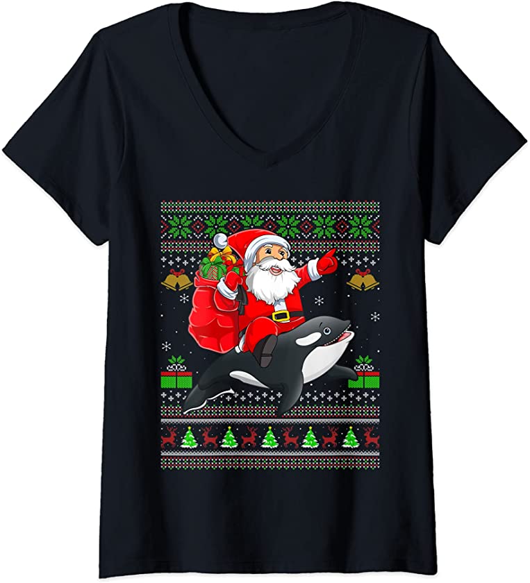 Womens Ugly Xmas Funny Santa Claus Riding Orca Fish Christmas V-Neck T-Shirt