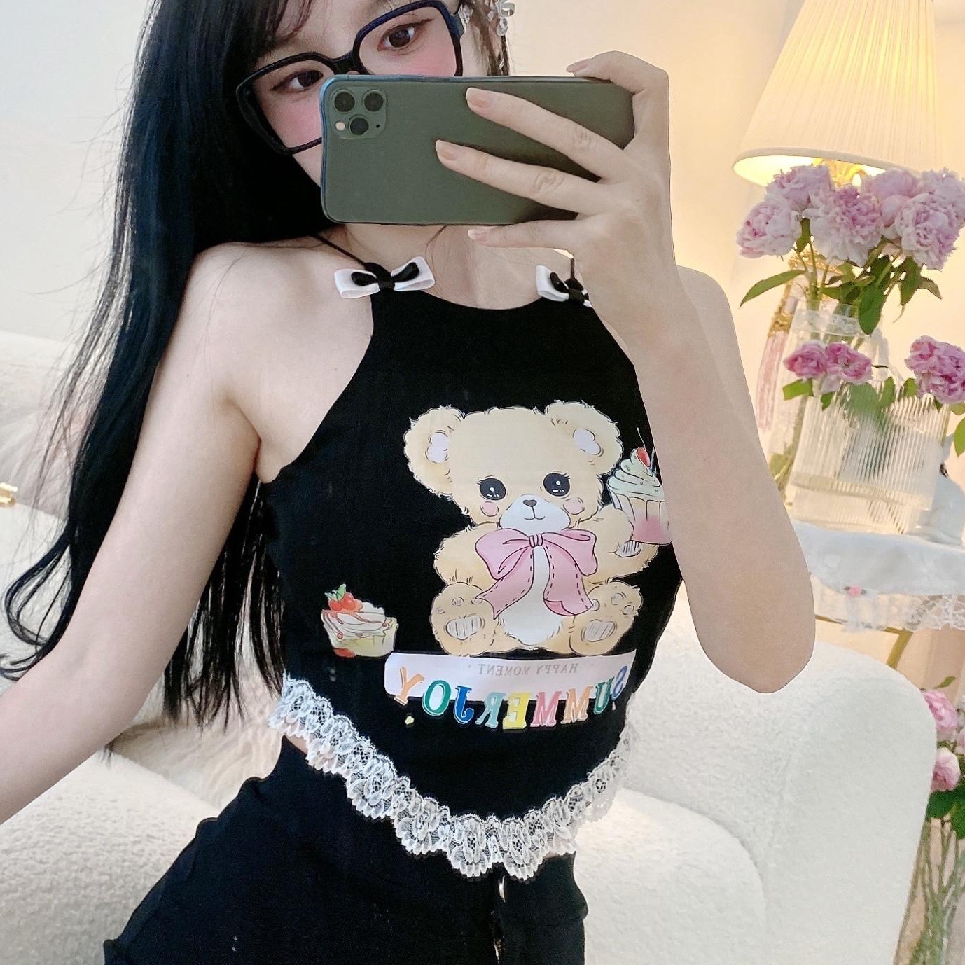 Bear Print Seeveless Lace Crop Tops Women Kawaii Y2k Tops Aesthetic Corset Top Contrast Harajuku Cute Tee Summer Sweats Cami alx