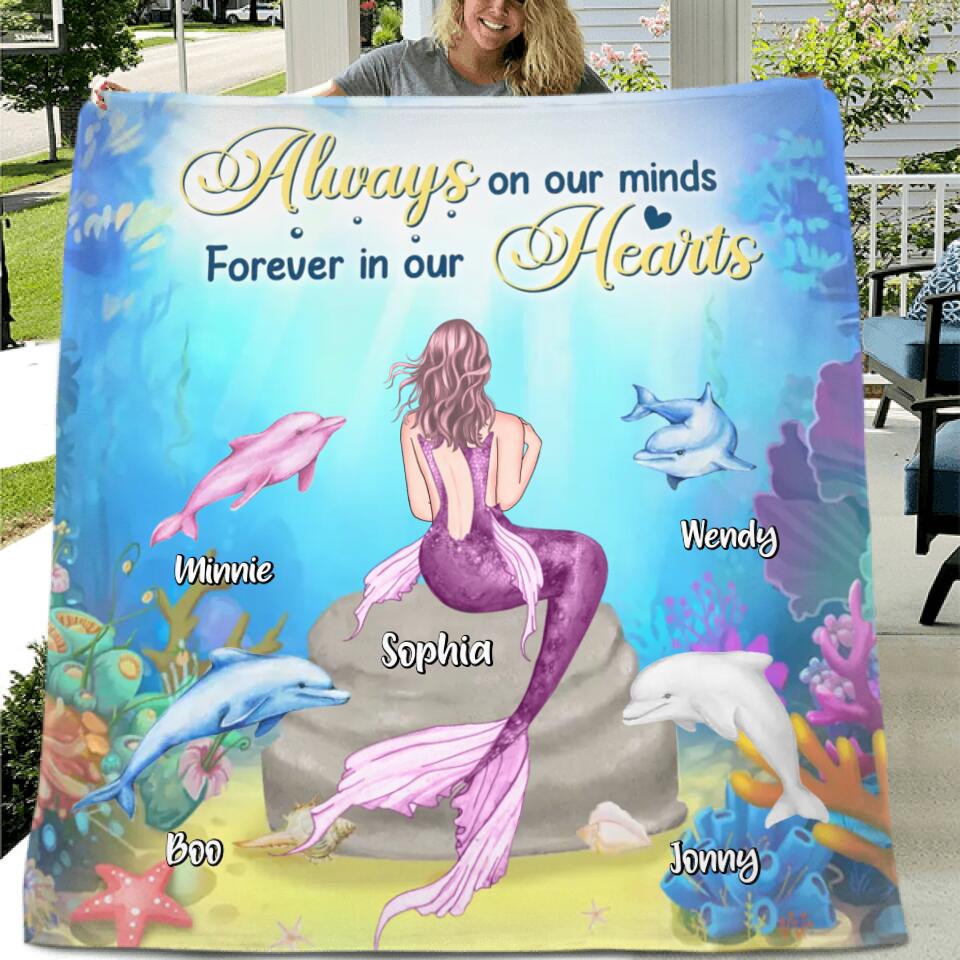 Custom Personalized Mermaid Quilt/Fleece Blanket – Upto 4 Dolphins – Gift Idea For Family – Always On Our Minds Forever In Our Hearts