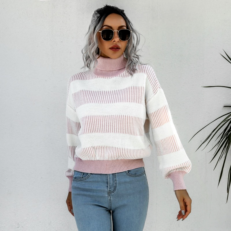 Autumn and Winter Turtleneck Striped Sweater Vintage Knitted Pullover Women Sweater Jumper Lantern Long Sleeve Casual Top 18168 alx