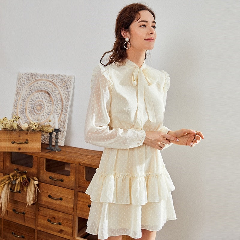 Vintage Solid Apricot Elegant Office Lady Casual Long Sleeve Short Party Dress