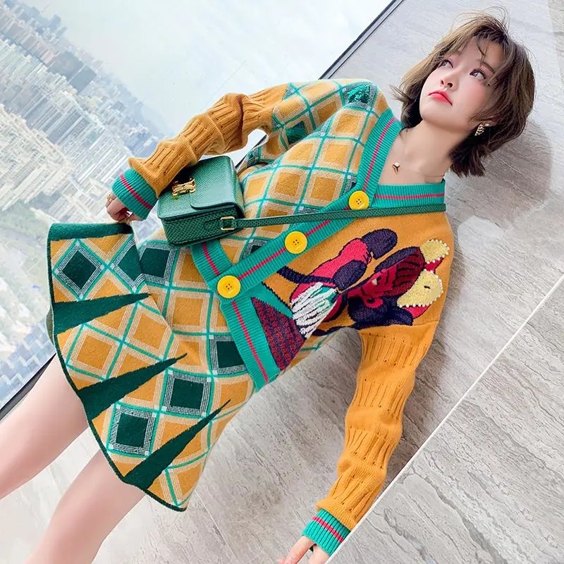 Women Kawaii Knitted Sweater 2 Piece Set Fashion Long Sleeve Short Cardigan + Printing Contrasting Colors Mini Skirt Autumn Suit alx