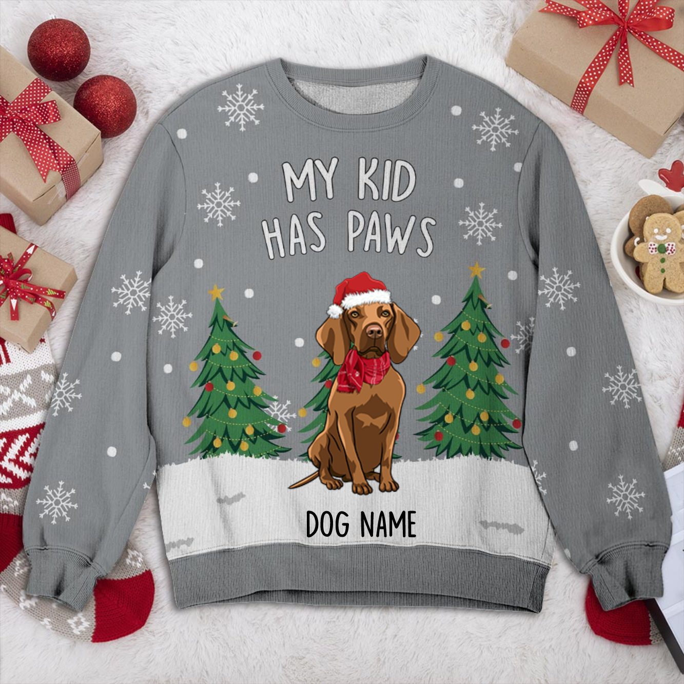 Vizsla My Kid Has Paws Personalized Sweater, Dog Ugly Christmas Sweater