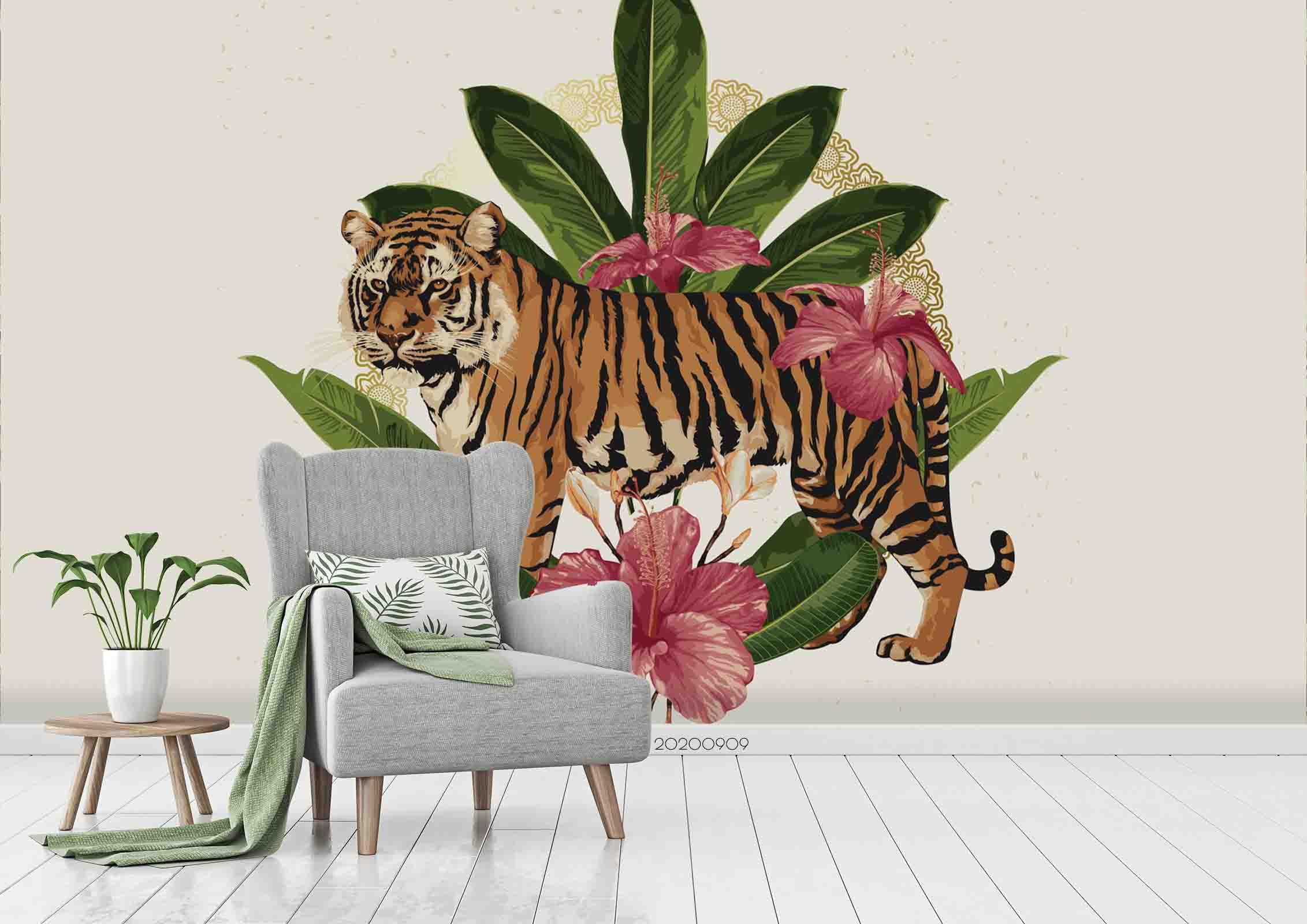 3D Hand Drawn Tiger Animal Pink Floral Green Leaves Plant Wall Mural Wallpaper Lxl