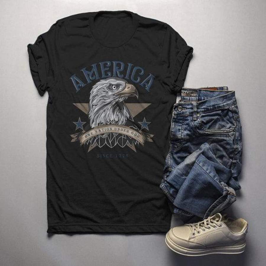 Men’s America T Shirt Eagle Shirts One Nation Under God Graphic Tee Vintage 4th July TShirt