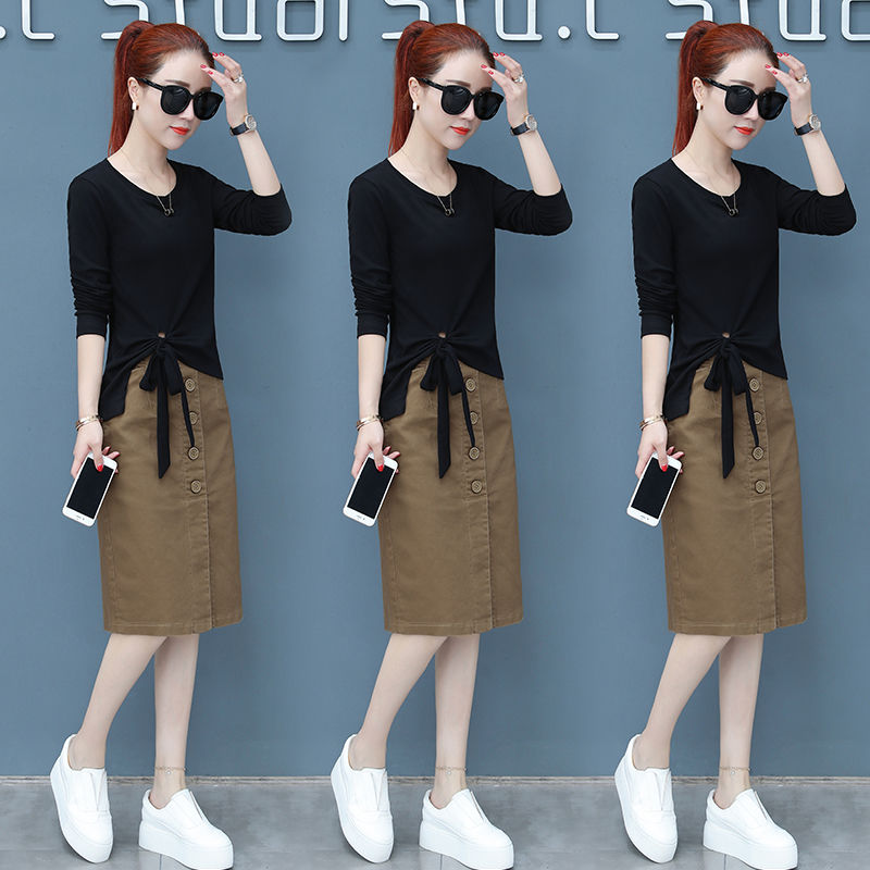 2022 Summer Korean Fashion Women Suits Elegant 2 Piece Sets Bow Black Long Sleeve Tops and High Waist Midi Skirt Suit Set Y567 alx