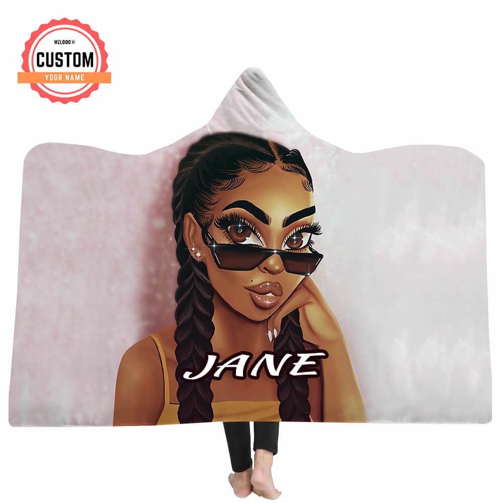 Wear Glasses Double Braid Black Girl Custom Name Hooded Blankets