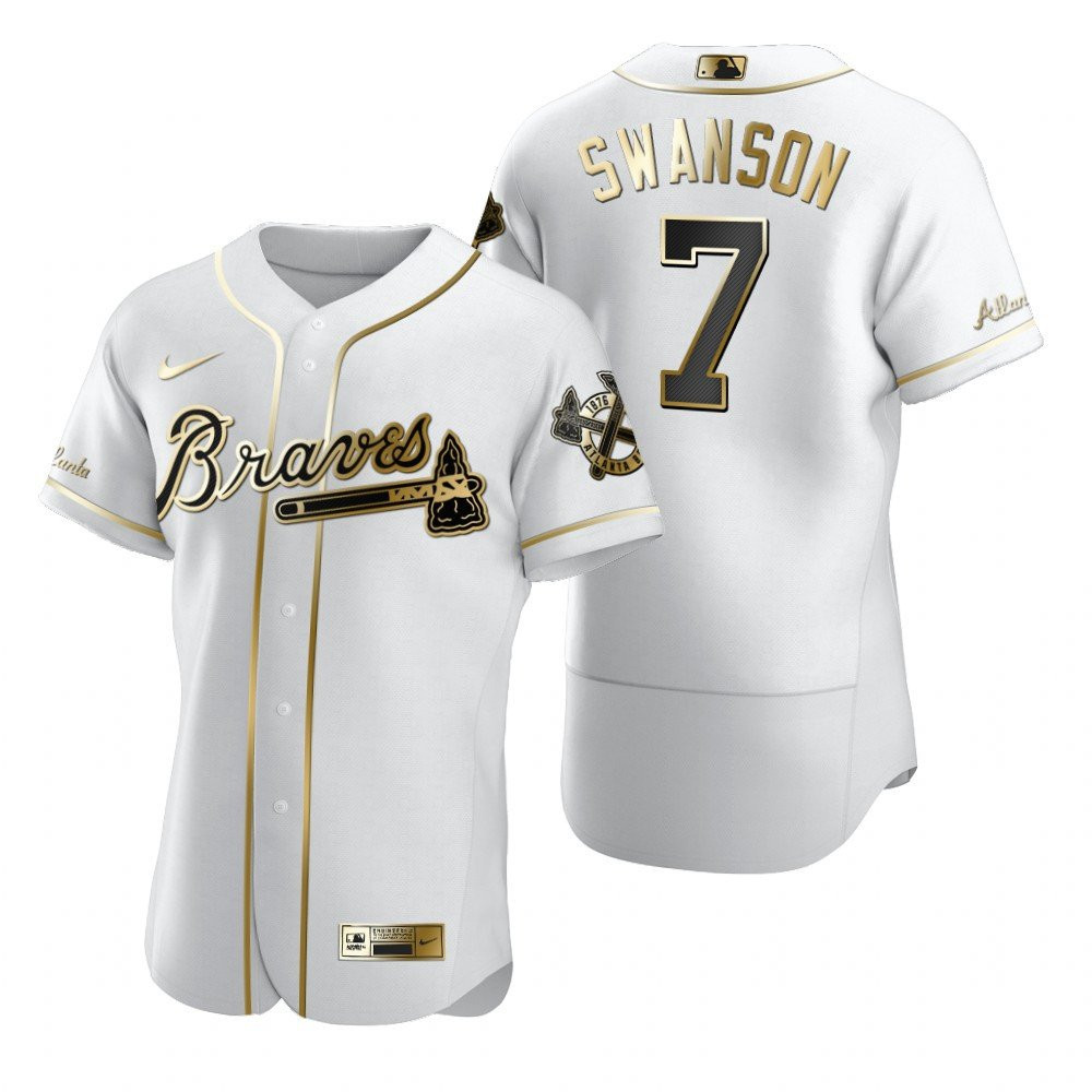 Atlanta Braves #7 Dansby Swanson MLB Golden Brandedition White Jersey Gift For Braves Fans