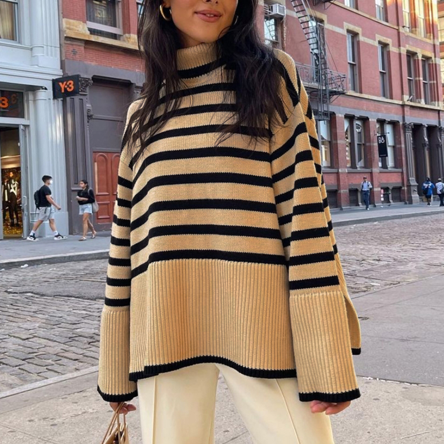 Turtleneck Long Sleeve Khaki Striped Sweater 2021 Autumn Winter Clothes Women Oversized Loose Knitted Pullover Casual Fashion alx