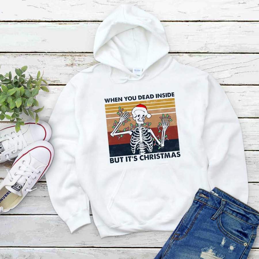 Skeleton merry christmas when your’re dead inside retro vintage sunset light white hoodie for men and women S-5XL