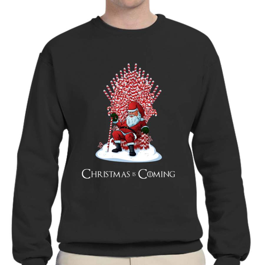 Christmas Is Coming Santa Candy Cane Throne T-Shirt Crew Neck Sweatshirt