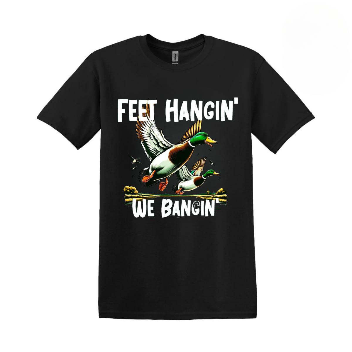 Feet Hangin’ We Bangin’ Duck Hunting T-Shirt A Unique and Stylish Outdoor-Inspired Tee Featuring Mallard Ducks in Flight, Perfect for Waterfowl Hunters and Nature Lovers. Menswear Tops