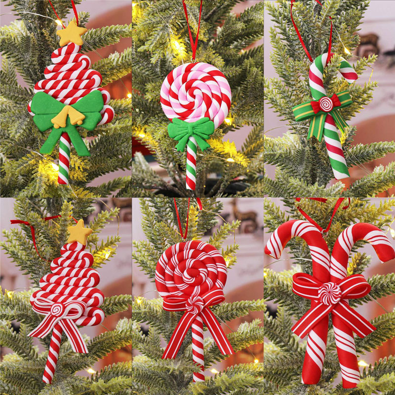 Christmas Tree Decoration Ornament Simulated Soft Clay Lollipop Red White Candy Cane Xmas Tree Pendants Xmas 2023 Decor For Home alx