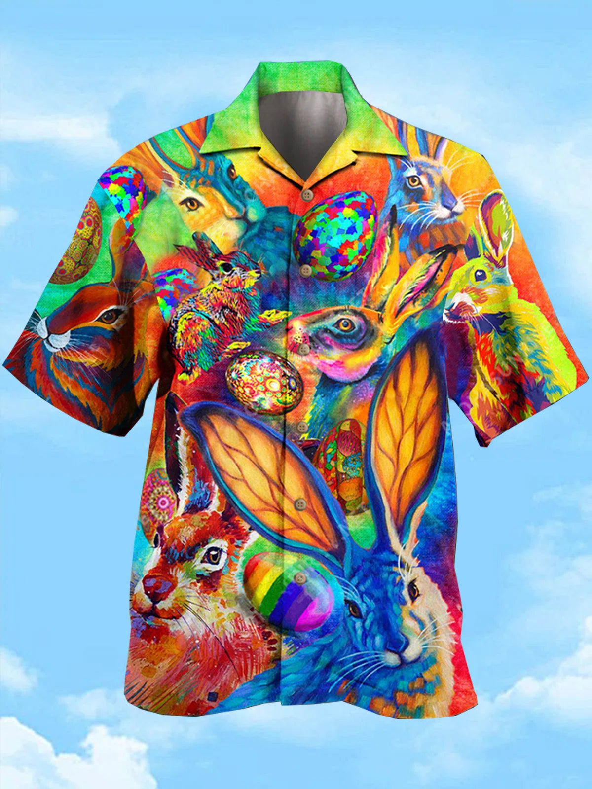 Colofull Easter Bunny, Unisex Print Aloha Short Sleeve Casual Shirt