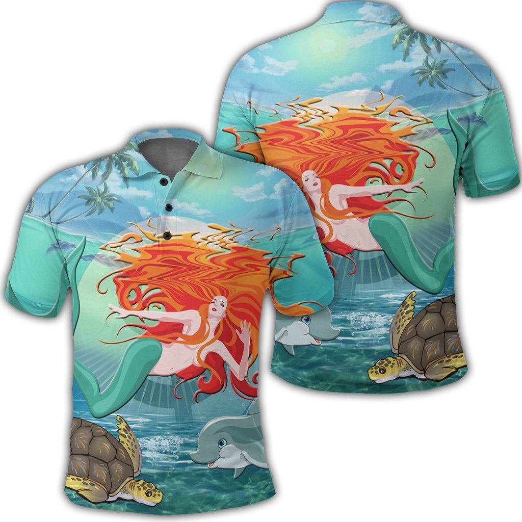 Hawaiian Mermaid Turtle Dolphin Polynesian Polo Shirt