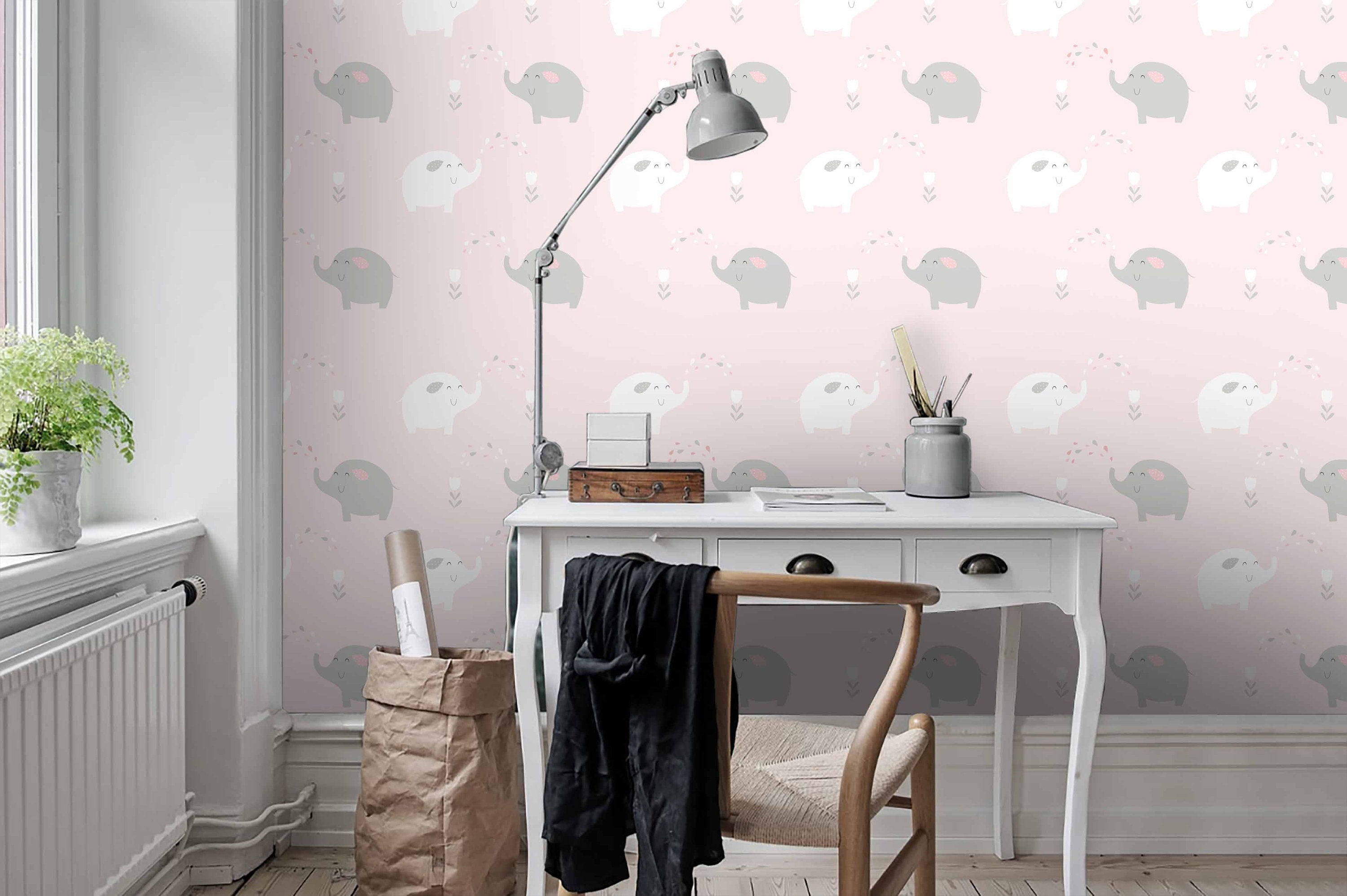 3D Kids, Pink-Tones, Elephant Wallpaper-Nursery