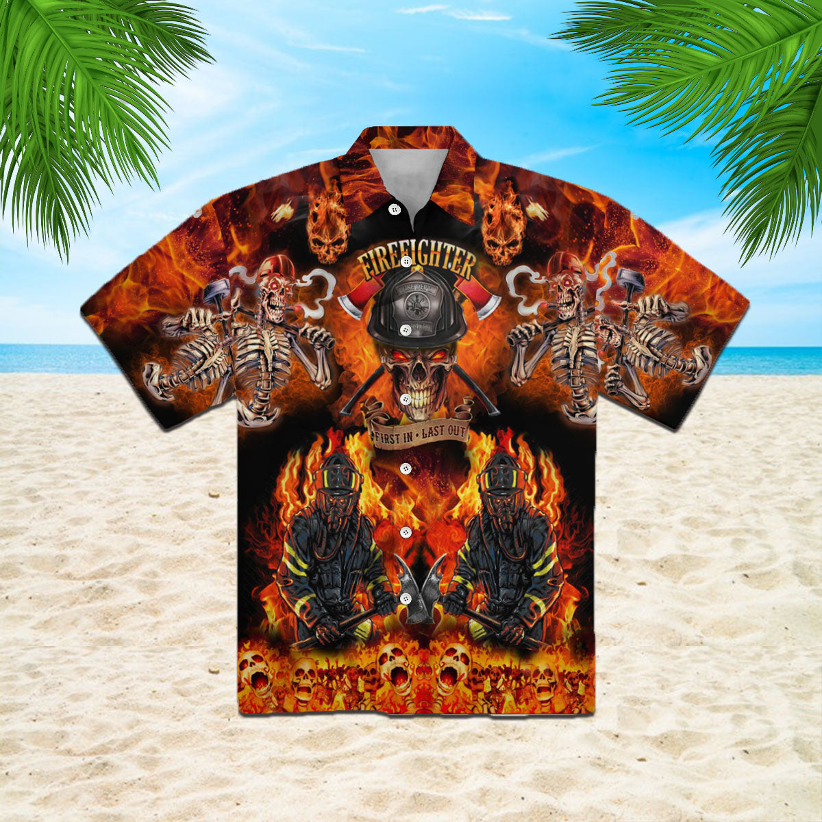 Oragontee Fire Skeleton Firefighter Halloween Hawaiian Shirt | For Men & Women | Adult | Wt1328