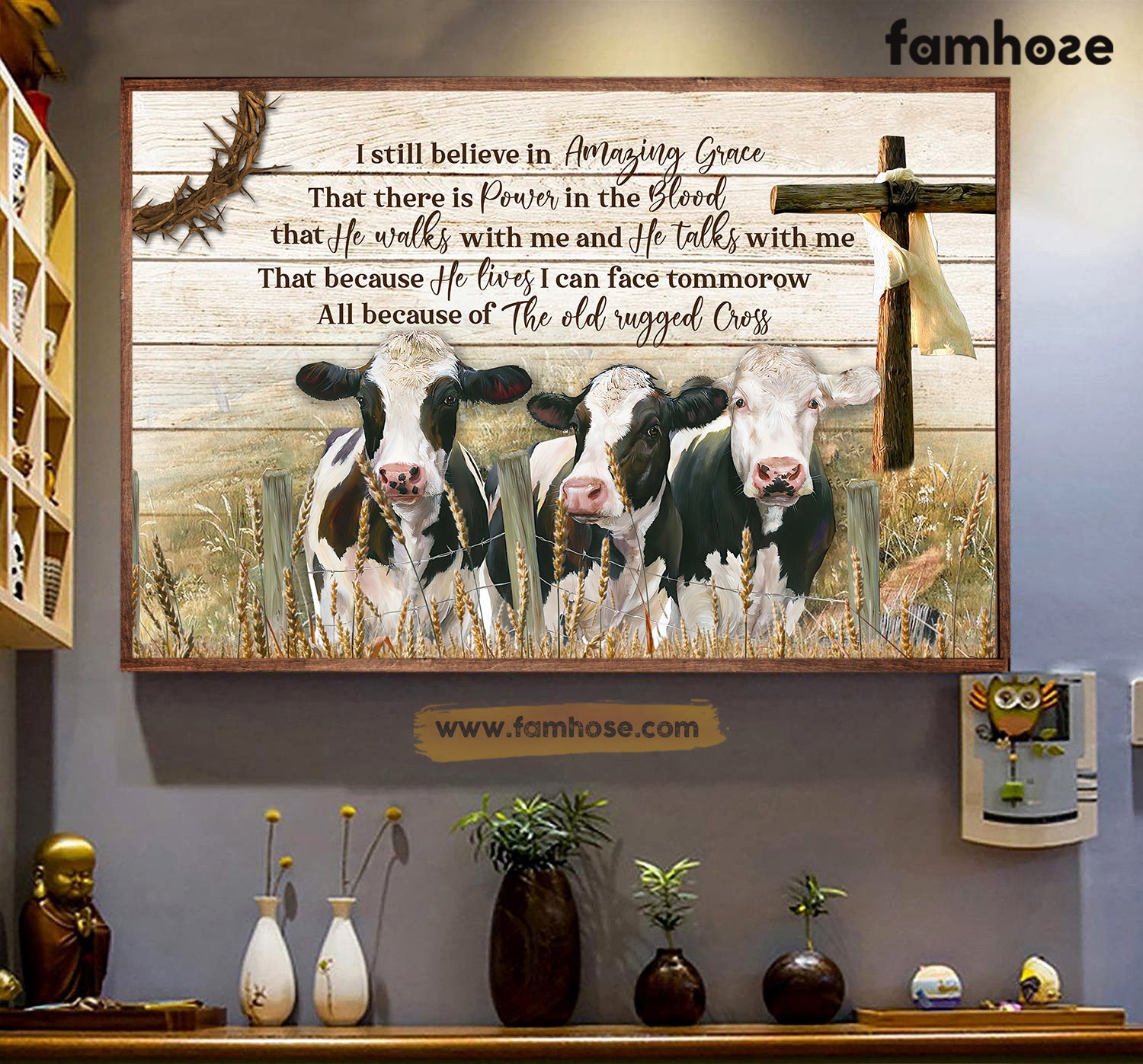 Cow Poster/Canvas, Believe In Amaging Grace There Is Power In The Blood, Cow Canvas Wall Art, Poster Gift For Cow Lovers