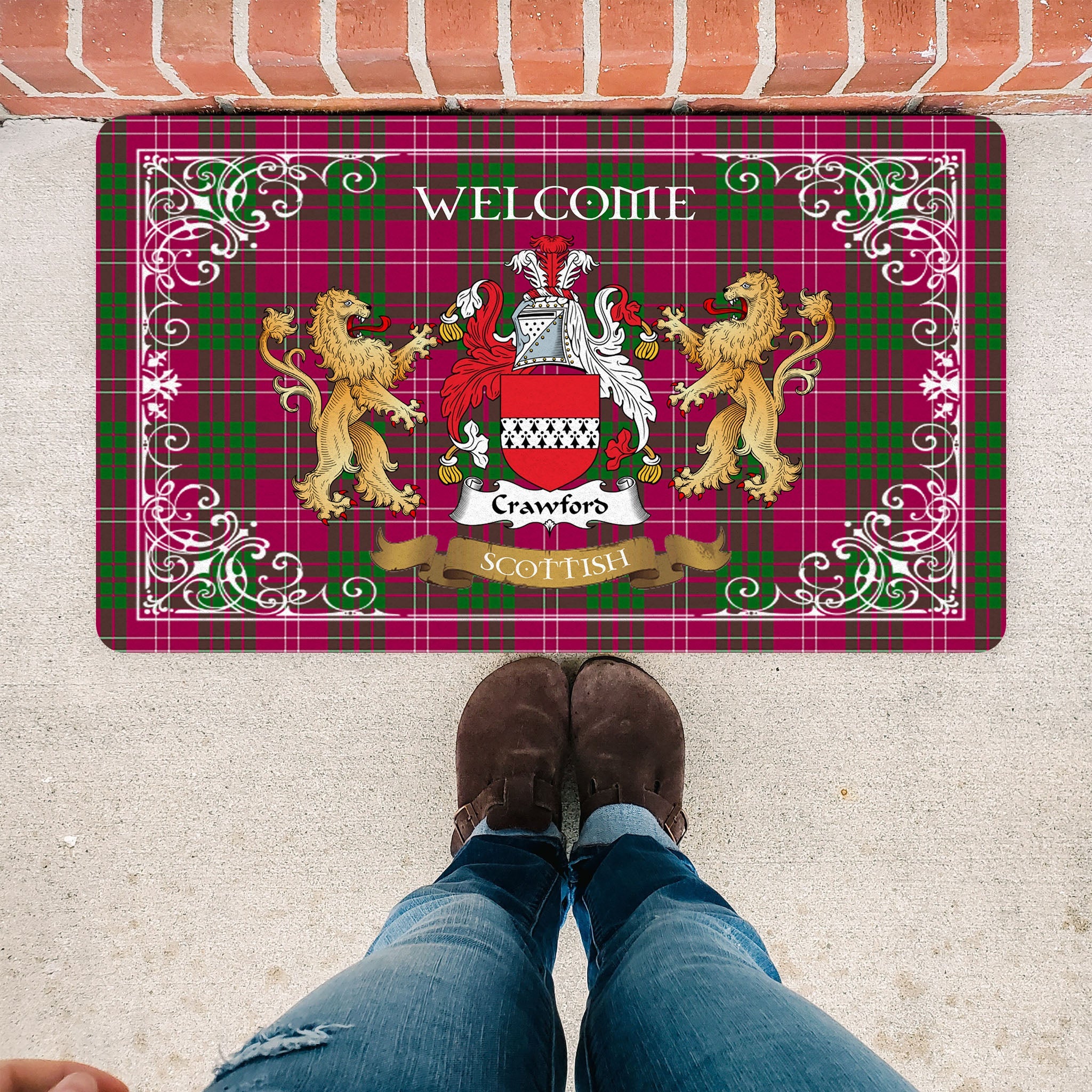 Scotstee Shop Tartan Door Mat The Family Crawford Modern Scottish Plaid Doormat, Welcome Mat, Christmas Door Mat