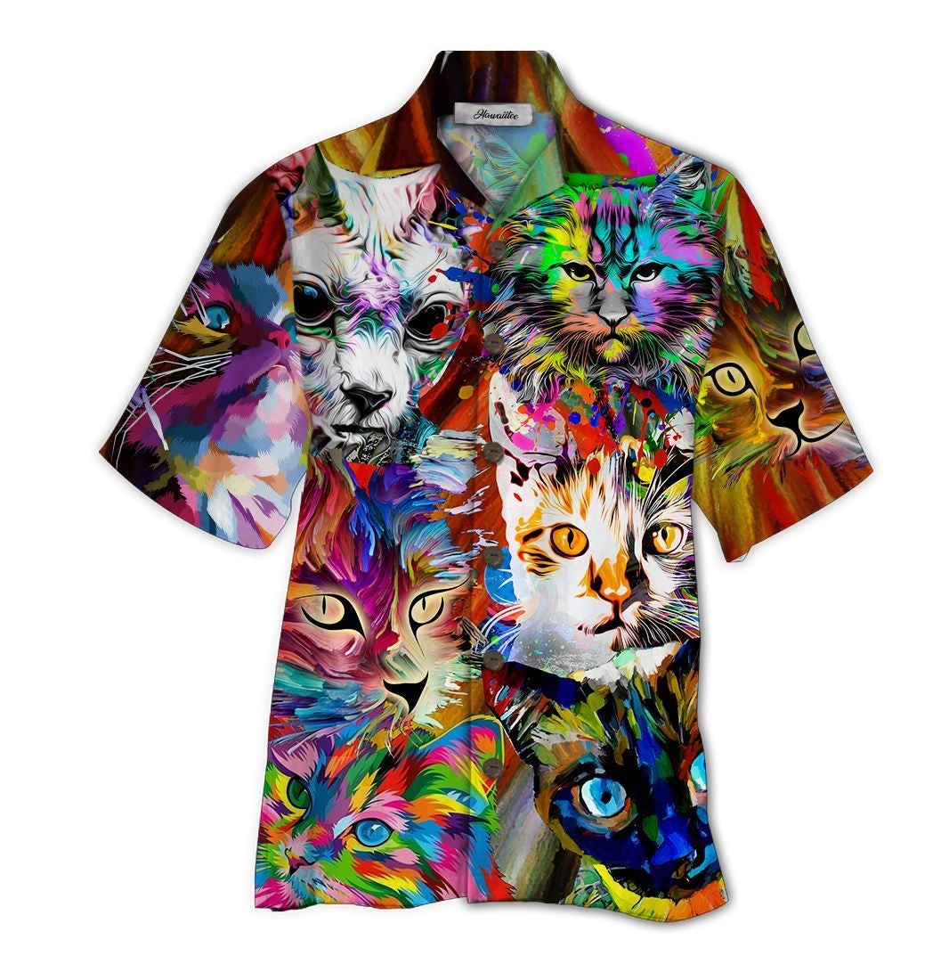 Cat Colorful Amazing Design Unisex Hawaii Print Aloha Short Sleeve Casual Shirt Ha7411