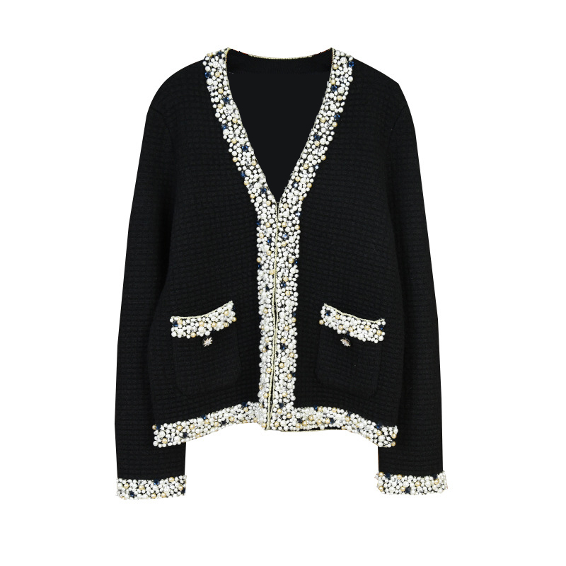 Autumn 2022 Women New Heavy Industry Design Studded Diamond Wool Knitted Coat Black Long Sleeve Single Breasted Cardigan Sweater alx