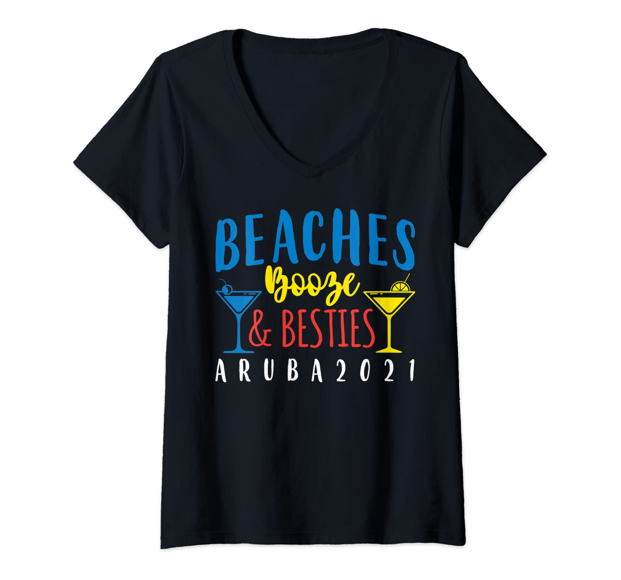 Womens Beaches Booze Besties Bachelorette Aruba 2021 Girls Trip V-Neck T-Shirt