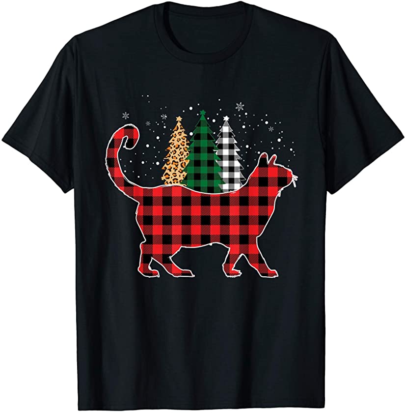 Red Buffalo Plaid Cat Tree Leopard print Christmas Pajamas T-Shirt