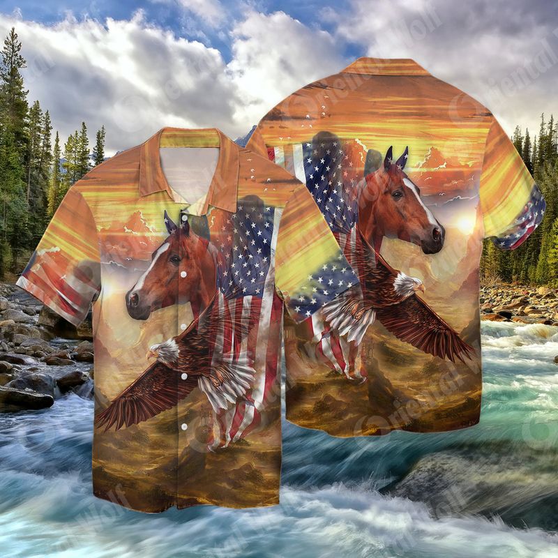 Horse And Eagle Us Flag Full Print Hawaii Shirt Ha15073