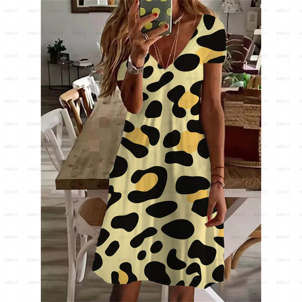 New Summer Fashion Women Loose Boho Elegant Dress Beach Party Women V-neck short sleeve Sexy Leopard Print Loose Dresses XS-5XL alx