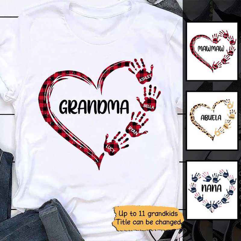 Grandma Heart Mom Hand Print Leopard Checkered Personalized Shirt