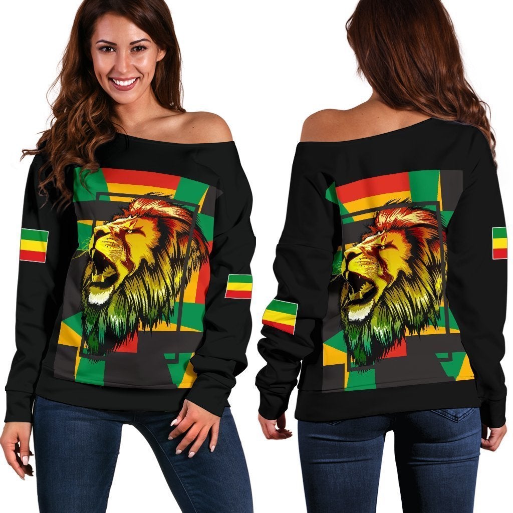 Wonder Print Shop Ethiopia Off Shoulder Sweater, Ethiopia Lion Abstrato Black