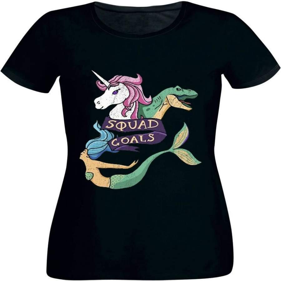 Unicorn Dinosaur & Mermaid Squad Goals T Shirt Black Cotton Girl Ladies S-2xl