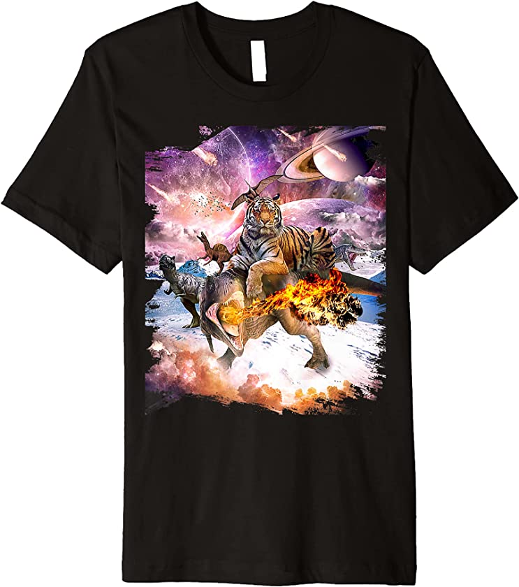 Big Cat Tiger Riding Dinosaur In Space Premium T-Shirt