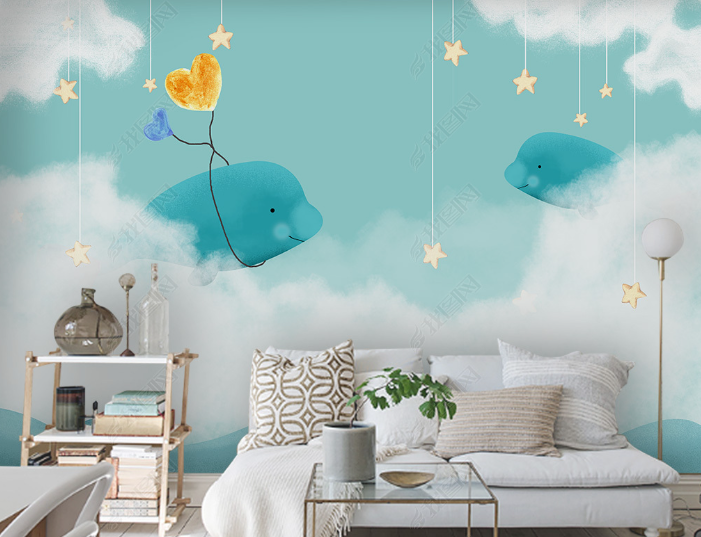 3D Hand-Painted Blue Sky Whale White Cloud Wall Mural Wallpaper Sww4777