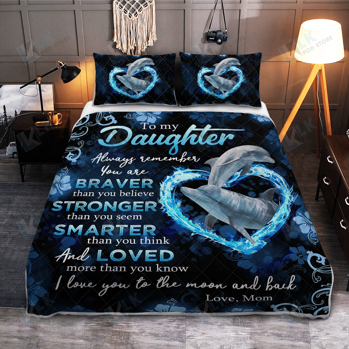 Dolphin To My Daughter Gift Quilt Bedding Set, Quilt, 2 Pillow Covers, Comforter, Bed Sheet Set, Dolphin Lover Gift