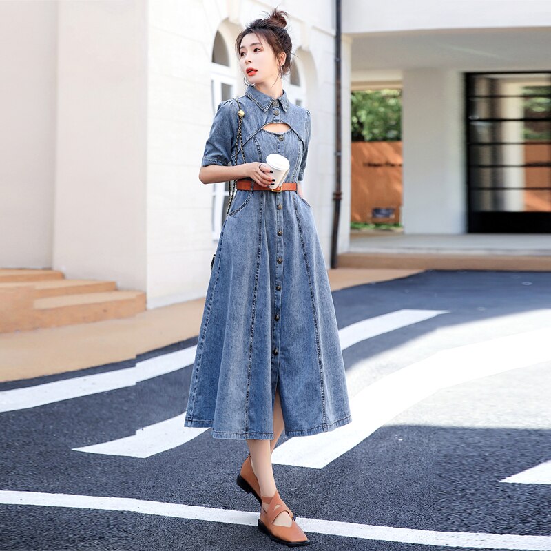 Vintage streetwear distressed denim dress women 2022 summer clothes korean hollow jeans dress belted lapel retro denim dresses alx