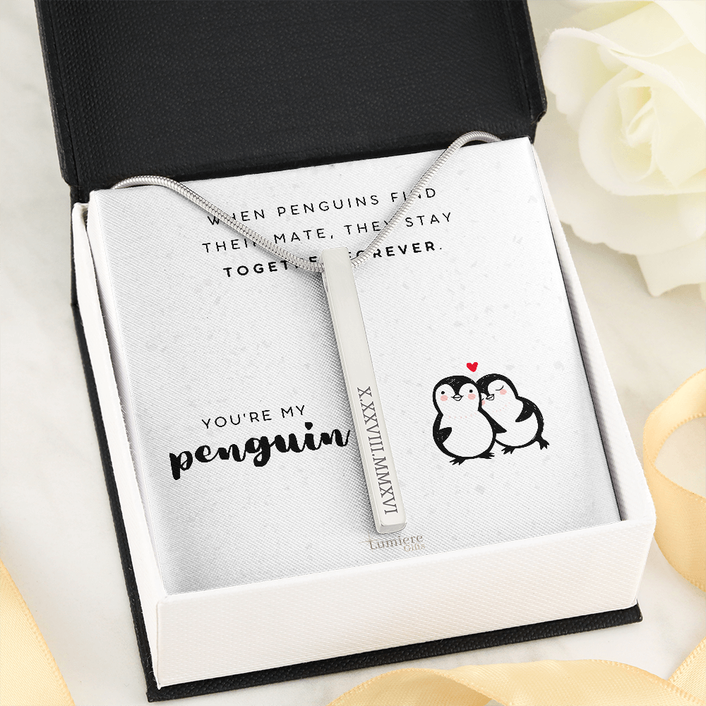 Penguin Love Engraved Bar Necklace