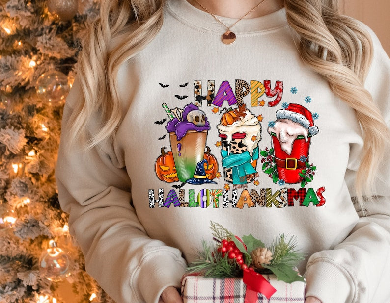 Hallothanksmas Christmas Sweatshirt 2D Crewneck Sweatshirt All Over Print Sweatshirt For Women Sweatshirt For Men Sws4452