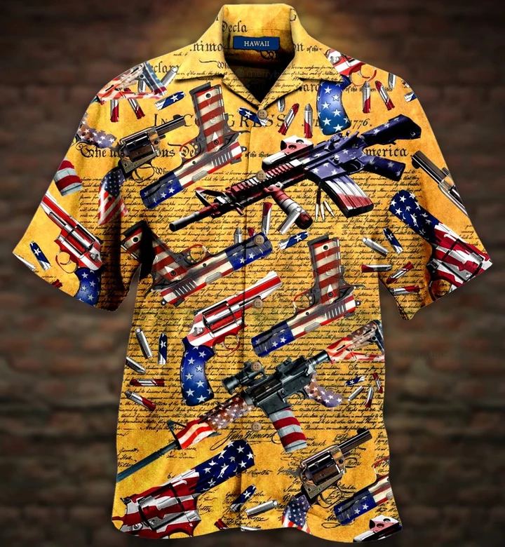 Unisex, Us Flag Gun Yellow Paper 3D Print Hawaiian Shirts