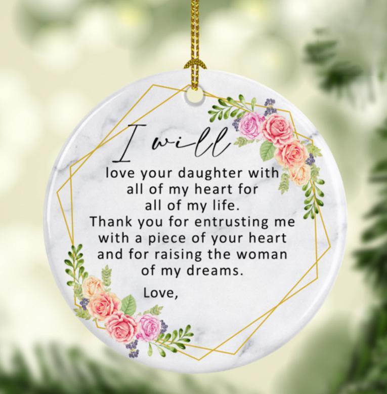 Personalized I Will Love Your Daughter With All Of My Heart For All Of My Life Circle Ornament Porcelain Ceramic Home Decorations Ornament Pendant Gifts For Christmas Tree Decor