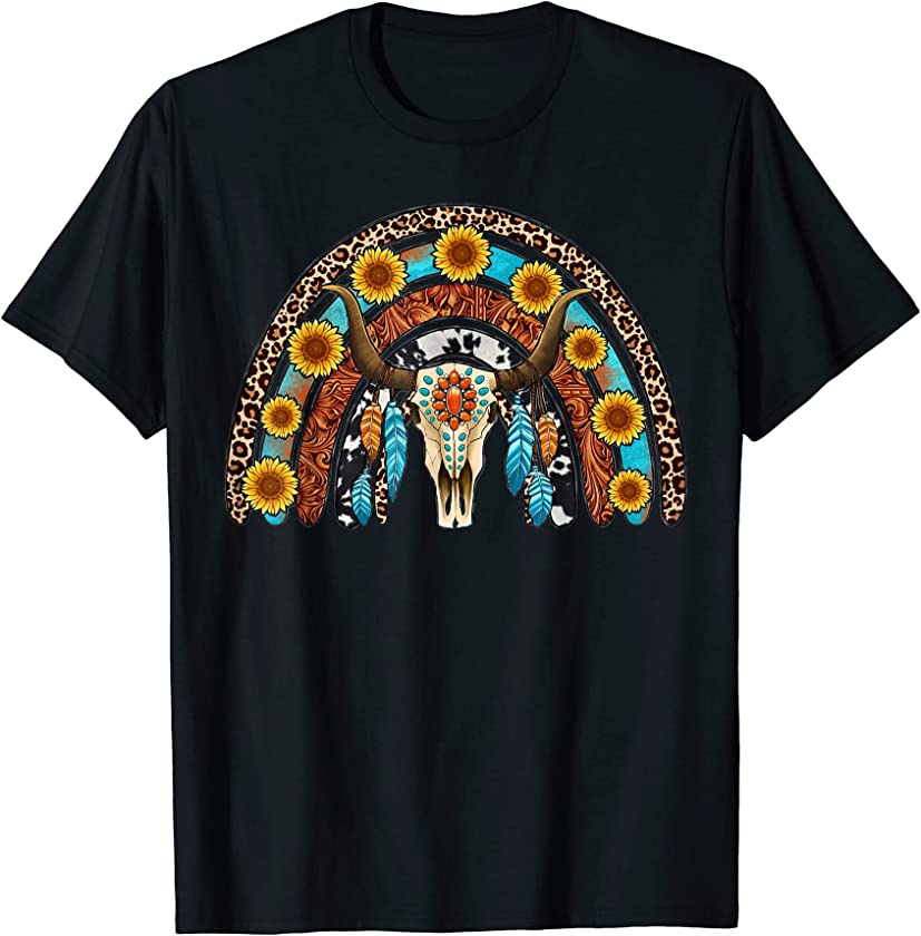 Western Boho Turquoise Cow Leopard Aztec Bull Skull Rainbow T-Shirt