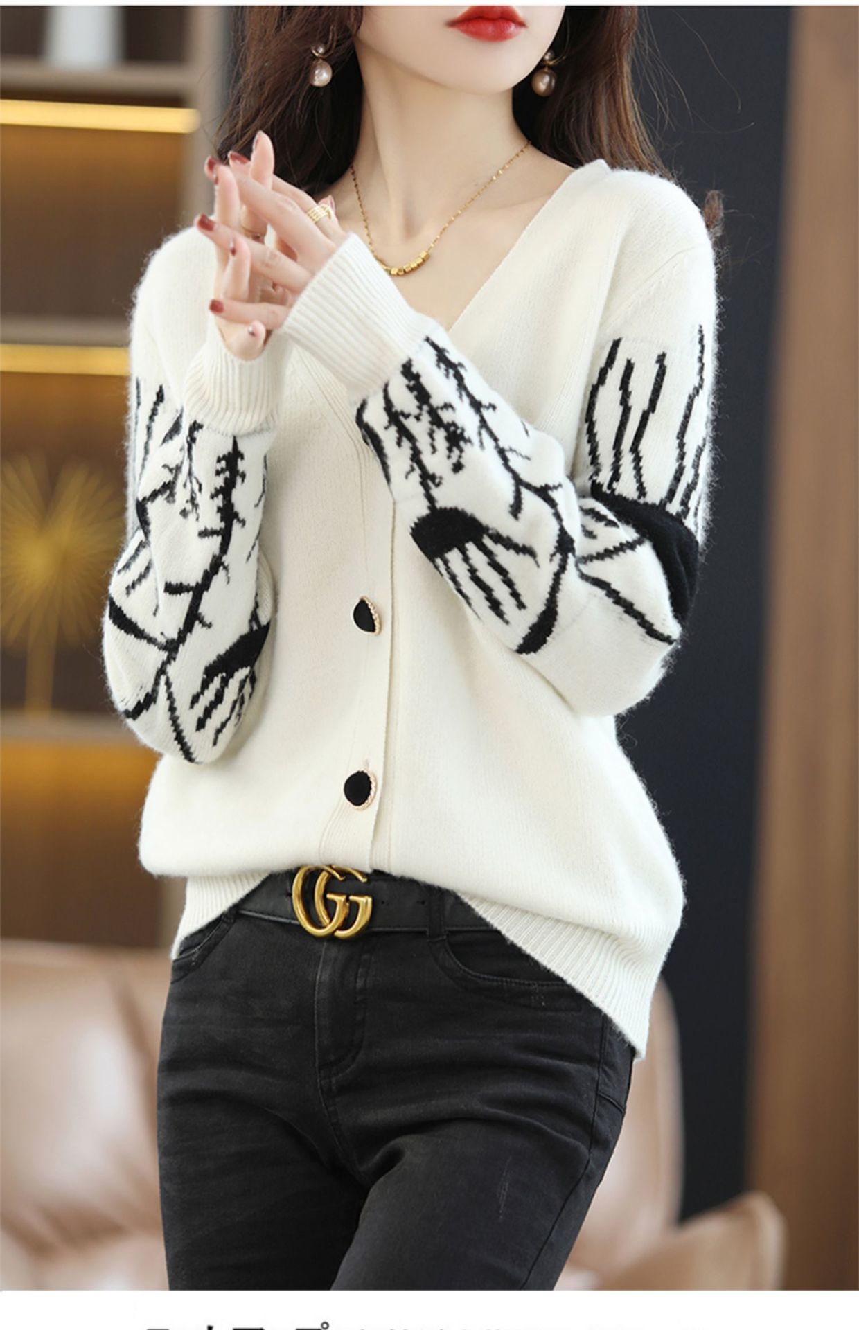 Women V Neck Print Long-sleeve Knitted Sweater Simple Casual Vintage Cardigan Loose Sweater Korean Basic Tops New 2022 alx