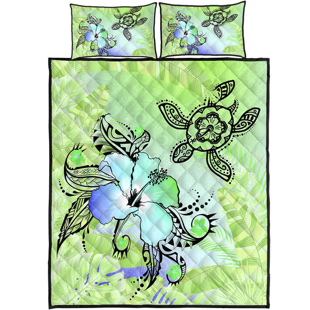 Hawaii Turtle Flowers And Palms Retro Quilt Bed Set – Lime – AH J8