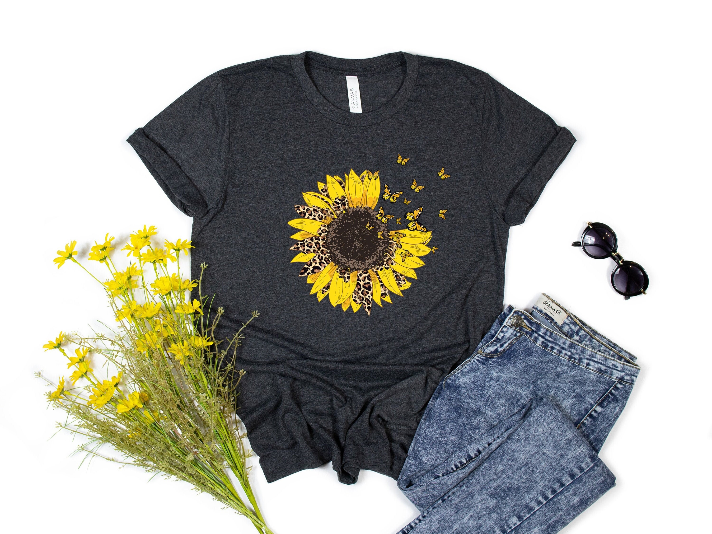 Sunflower – Sunflower Shirt, Leopard Floral Tee Shirt, Leopard Butterfly Flower Shirt, Garden Shirt, Sunflower Tshirt, Sunflower Shirts.